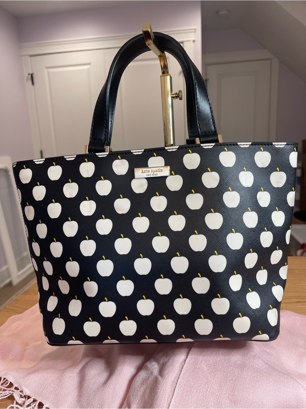 kate spade Black Tote with White Apple Print and Gold Accents